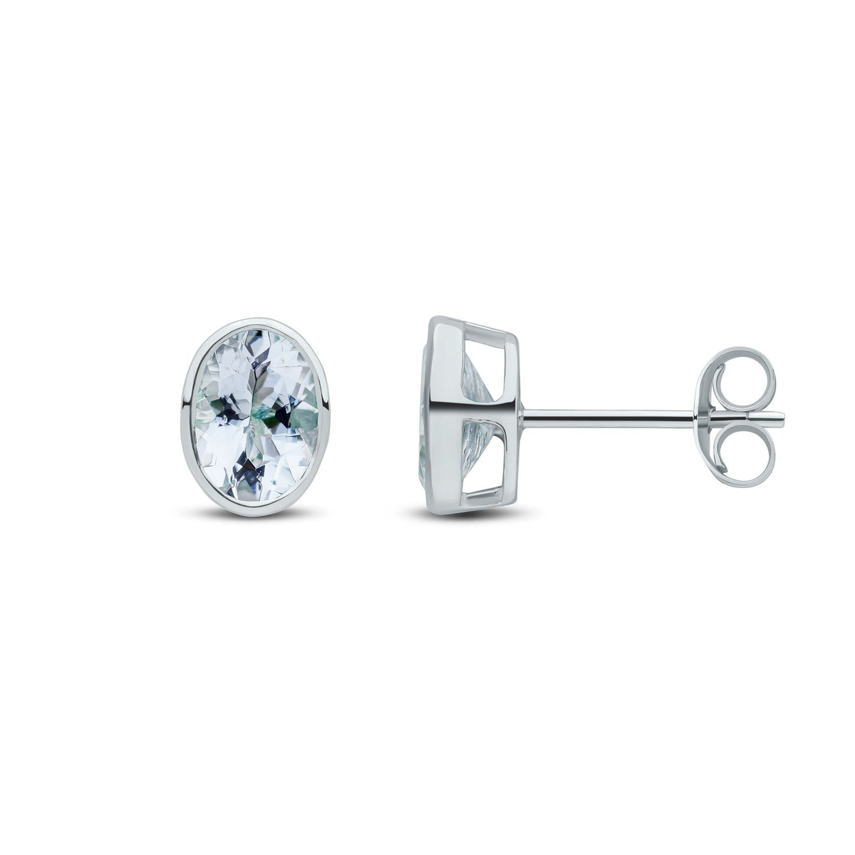 9ct White Gold Oval Natural Aquamarine Rubover Stud Earrings — 7x5mm