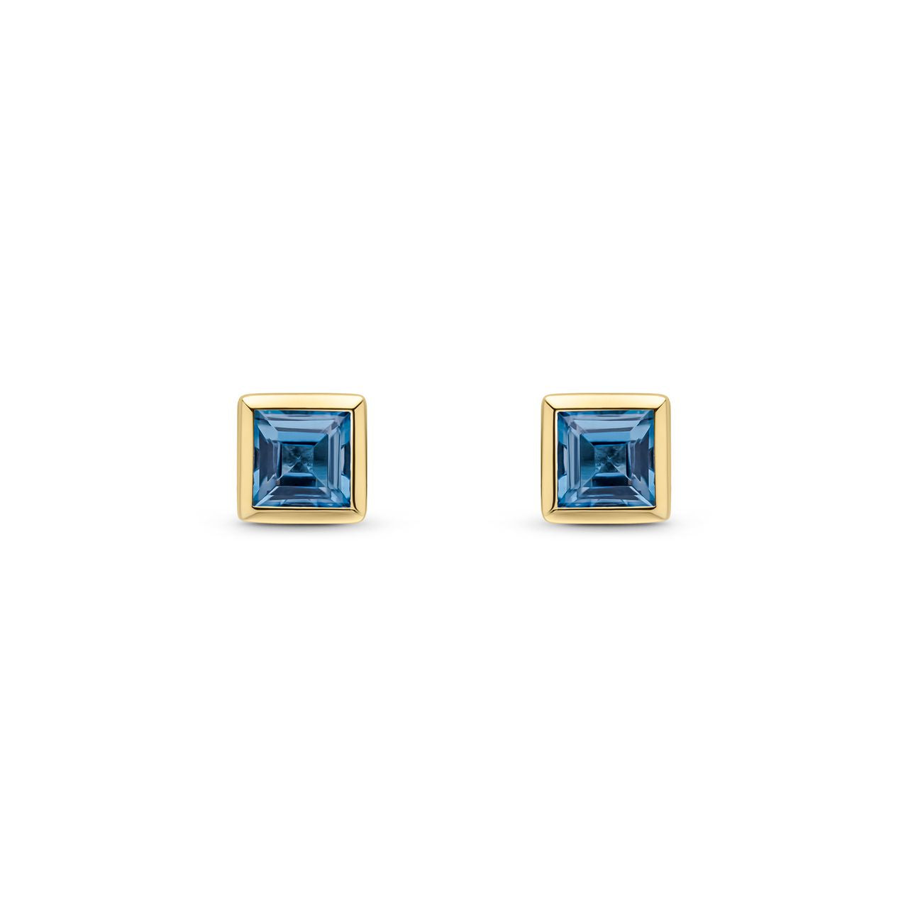 9ct Yellow Gold Square Natural London Blue Topaz Rubover Stud Earrings — 3mm