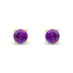 9ct Yellow Gold Round Natural Amethyst Claw Stud Earrings — 6mm