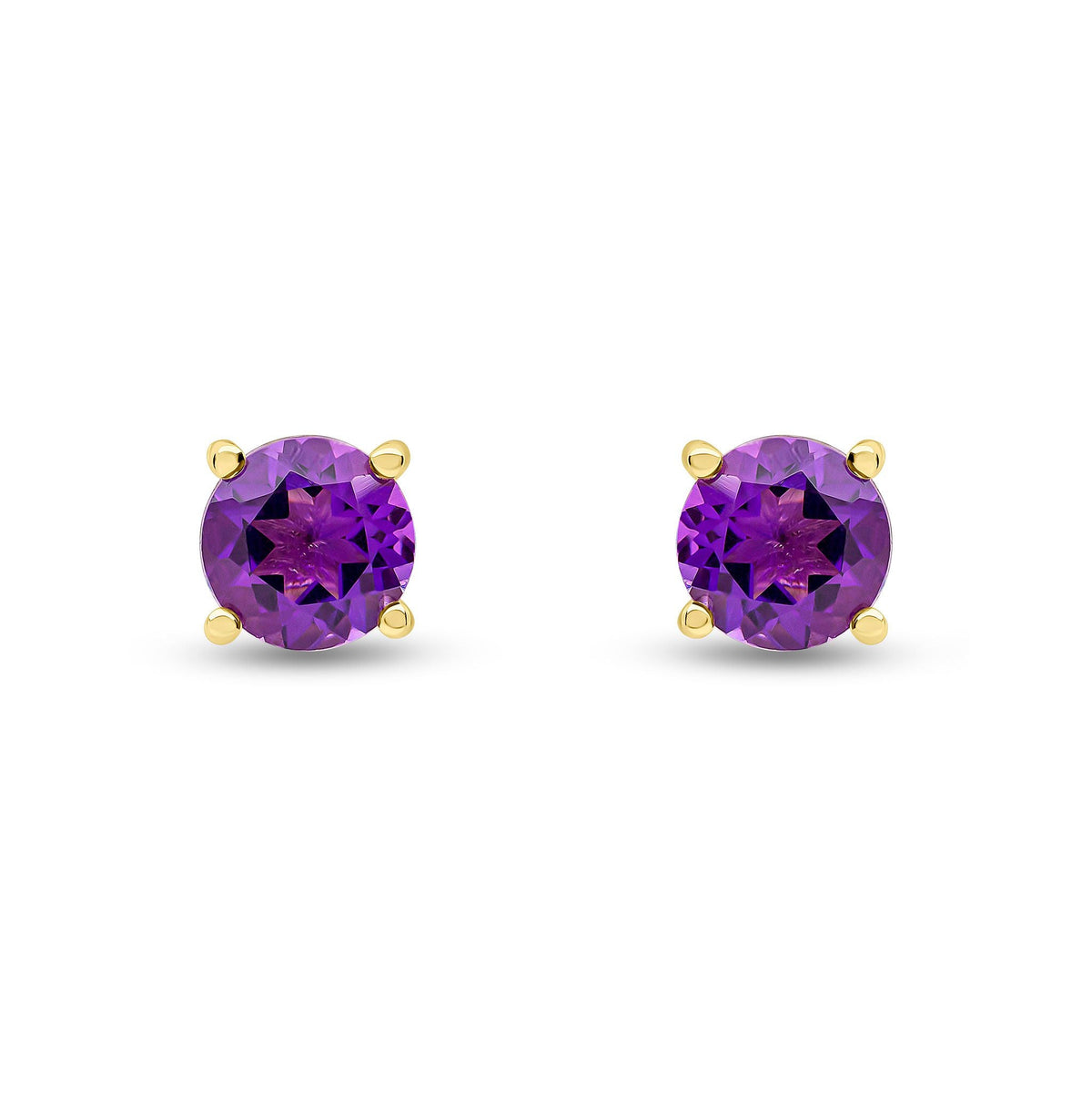 9ct Yellow Gold Round Natural Amethyst Claw Stud Earrings — 6mm