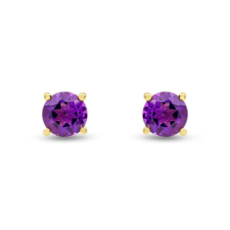 9ct Yellow Gold Round Natural Amethyst Claw Stud Earrings — 6mm