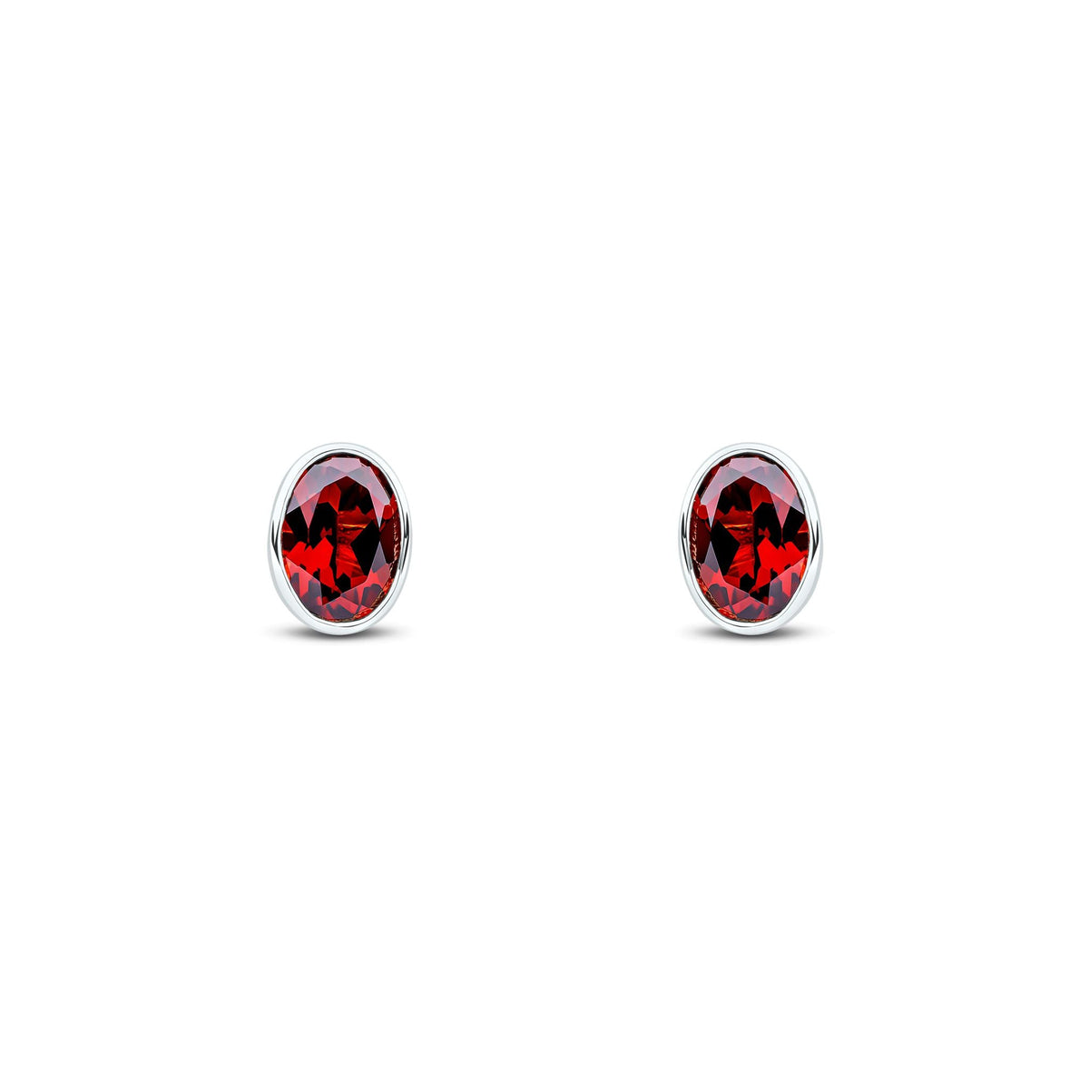 9ct White Gold Oval Natural Garnet Rubover Stud Earrings — 7x5mm