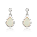 9ct White Gold Pear Shaped Natural Opal Rubover Drop Earrings — 7x5mm