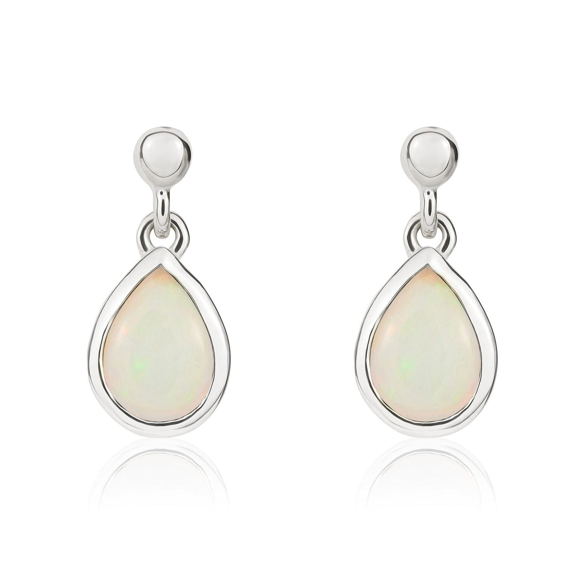 9ct White Gold Pear Shaped Natural Opal Rubover Drop Earrings — 7x5mm