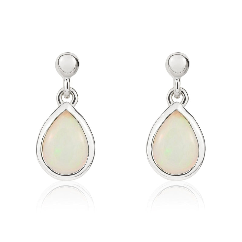 9ct White Gold Pear Shaped Natural Opal Rubover Drop Earrings — 7x5mm