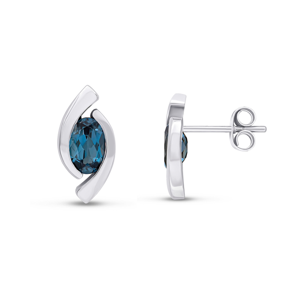 9ct White Gold Oval Natural London Blue Topaz 'Eye' Stud Earrings — 6x4mm