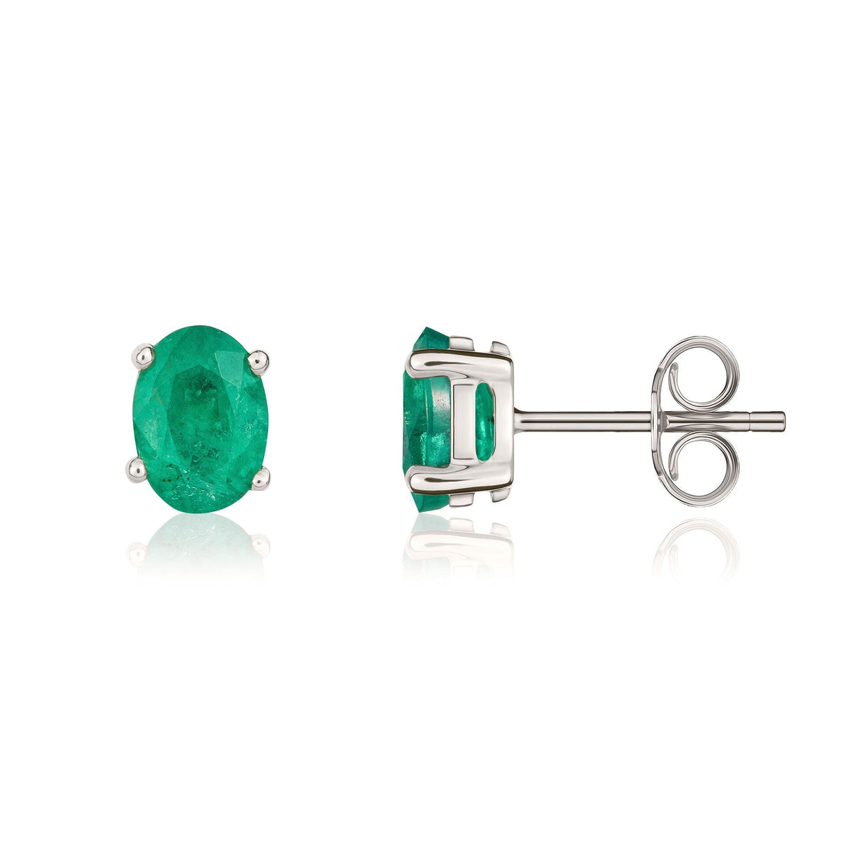 9ct White Gold Oval Natural Emerald Claw Stud Earrings — 7x5mm
