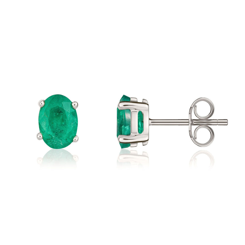 9ct White Gold Oval Natural Emerald Claw Stud Earrings — 7x5mm