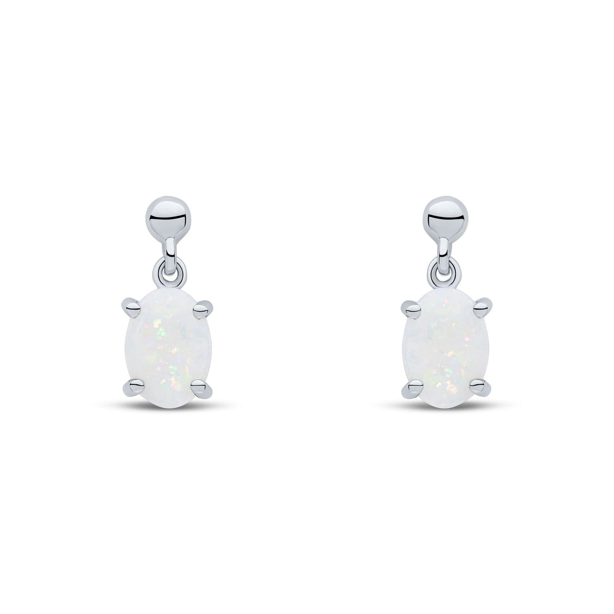 9ct White Gold Oval Natural Opal Claw Drop Earrings — 7x5mm