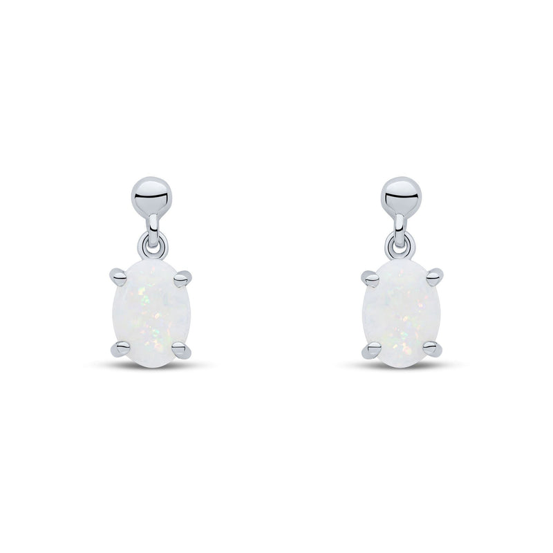 9ct White Gold Oval Natural Opal Claw Drop Earrings — 7x5mm