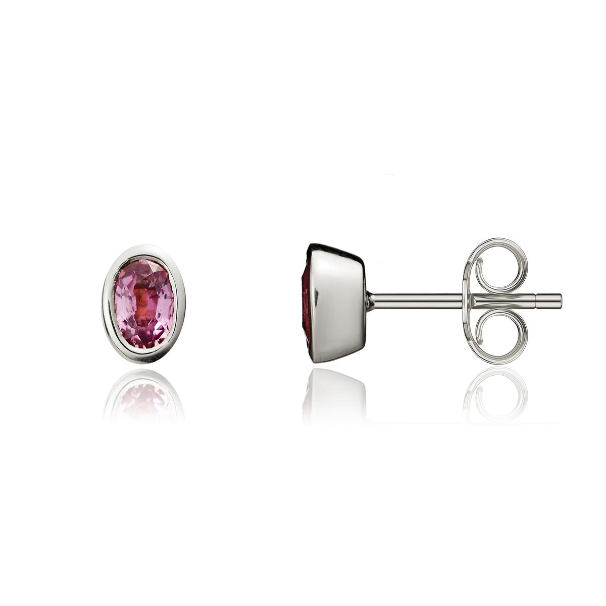 9ct White Gold Oval Natural Pink Sapphire Rubover Stud Earrings — 5x3mm