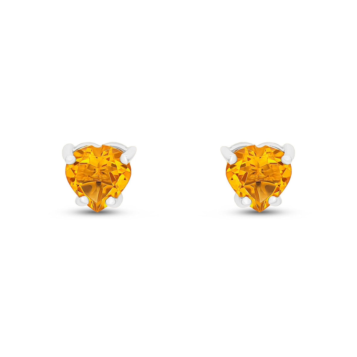 9ct White Gold Heart Natural Citrine Claw Stud Earrings