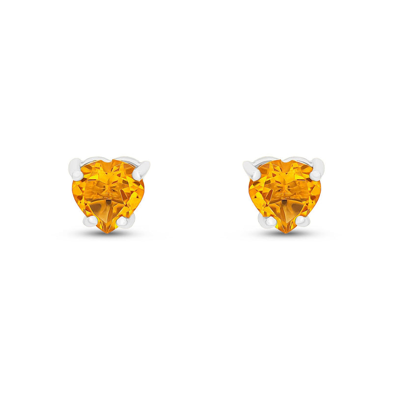 9ct White Gold Heart Natural Citrine Claw Stud Earrings