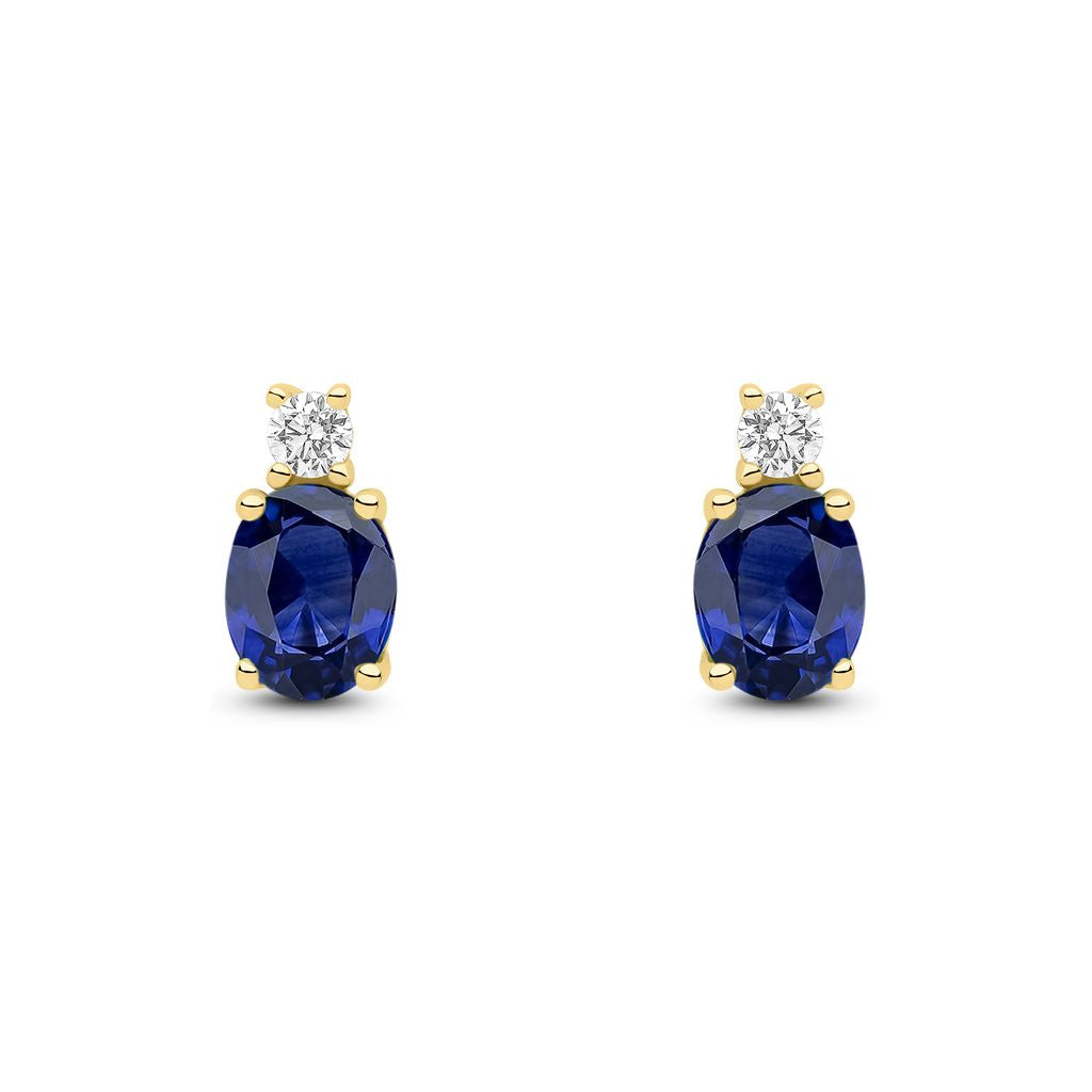 18ct Yellow Gold Oval Natural Sapphire and Round Diamond Two Stone Stud Earrings — 5x4mm