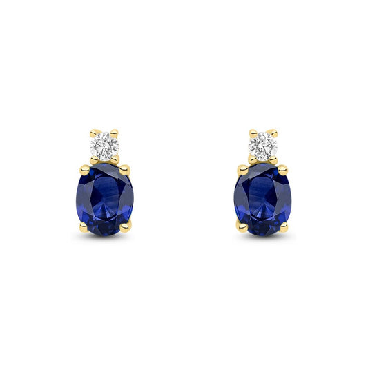 18ct Yellow Gold Oval Natural Sapphire and Round Diamond Two Stone Stud Earrings — 5x4mm