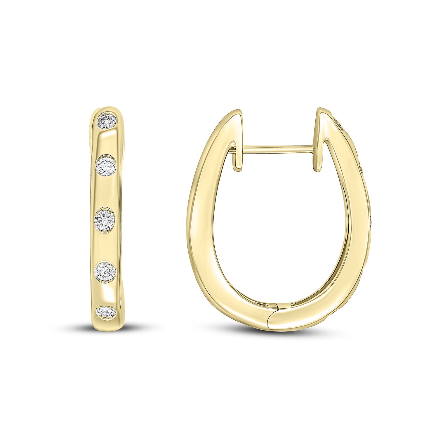 18ct Yellow Gold Round Natural Diamond Flush Set Oval Hinged Huggie Hoop Earrings