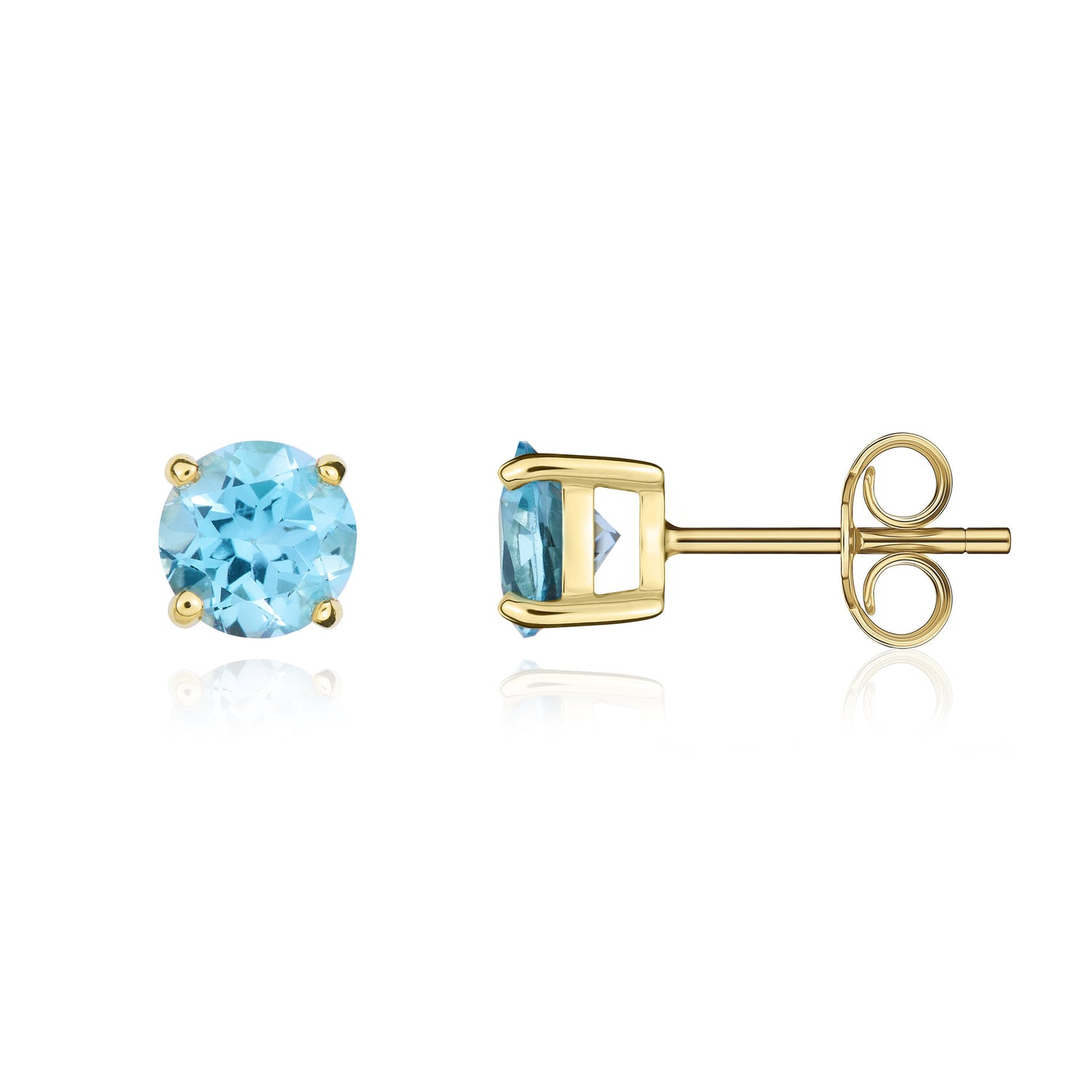 9ct Yellow Gold Round Natural Swiss Blue Topaz Claw Set Stud Earrings — 5mm
