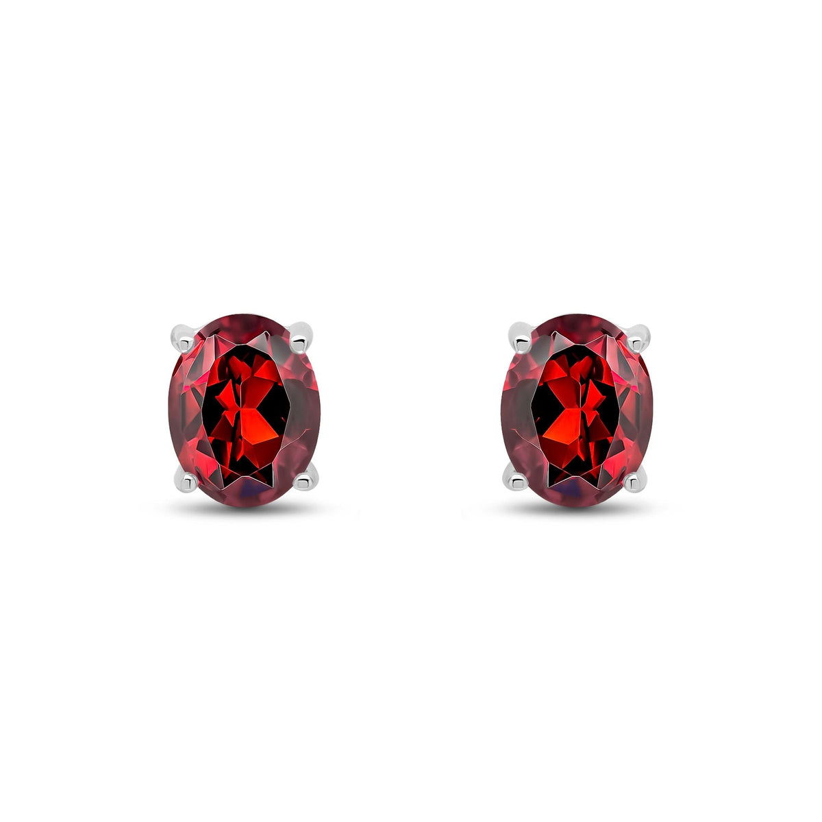 9ct White Gold Oval Natural Garnet Claw Stud Earrings — 9x7mm