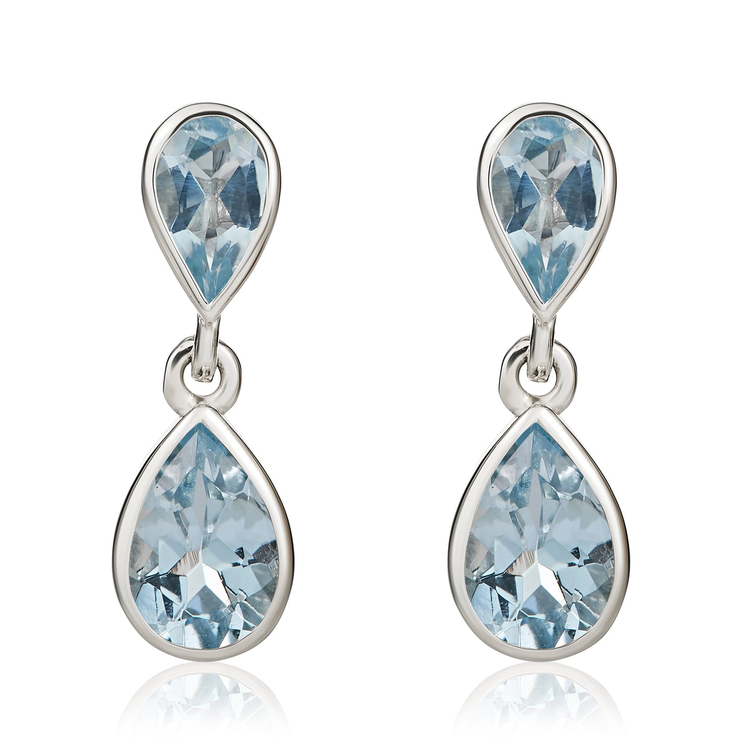 9ct White Gold Pear Shaped Natural London Aquamarine Two Stone Rubover Drop Earrings