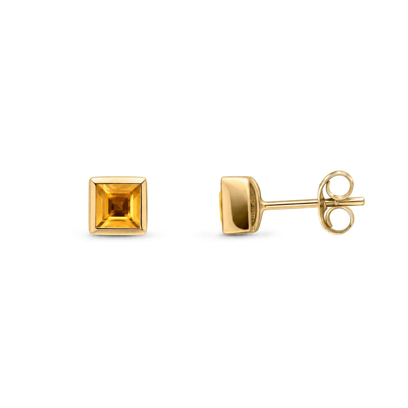 9ct Yellow Gold Square Natural Citrine Rubover Stud Earrings — 3mm