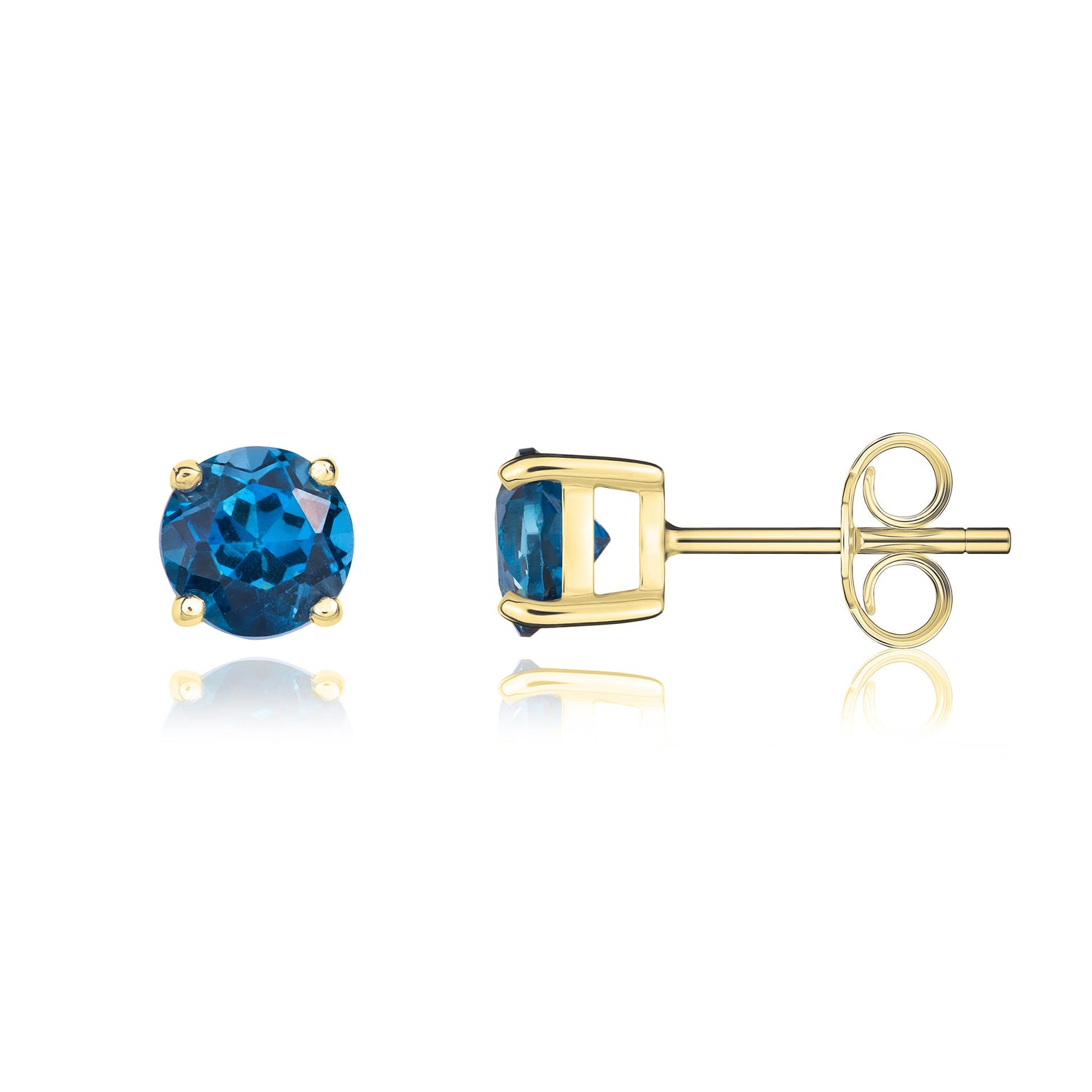 9ct Yellow Gold Round Natural London Blue Topaz Claw Set Stud Earrings — 5mm