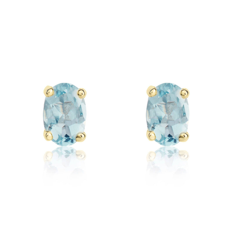 9ct Yellow Gold Oval Natural Aquamarine Claw Stud Earrings — 6x4mm