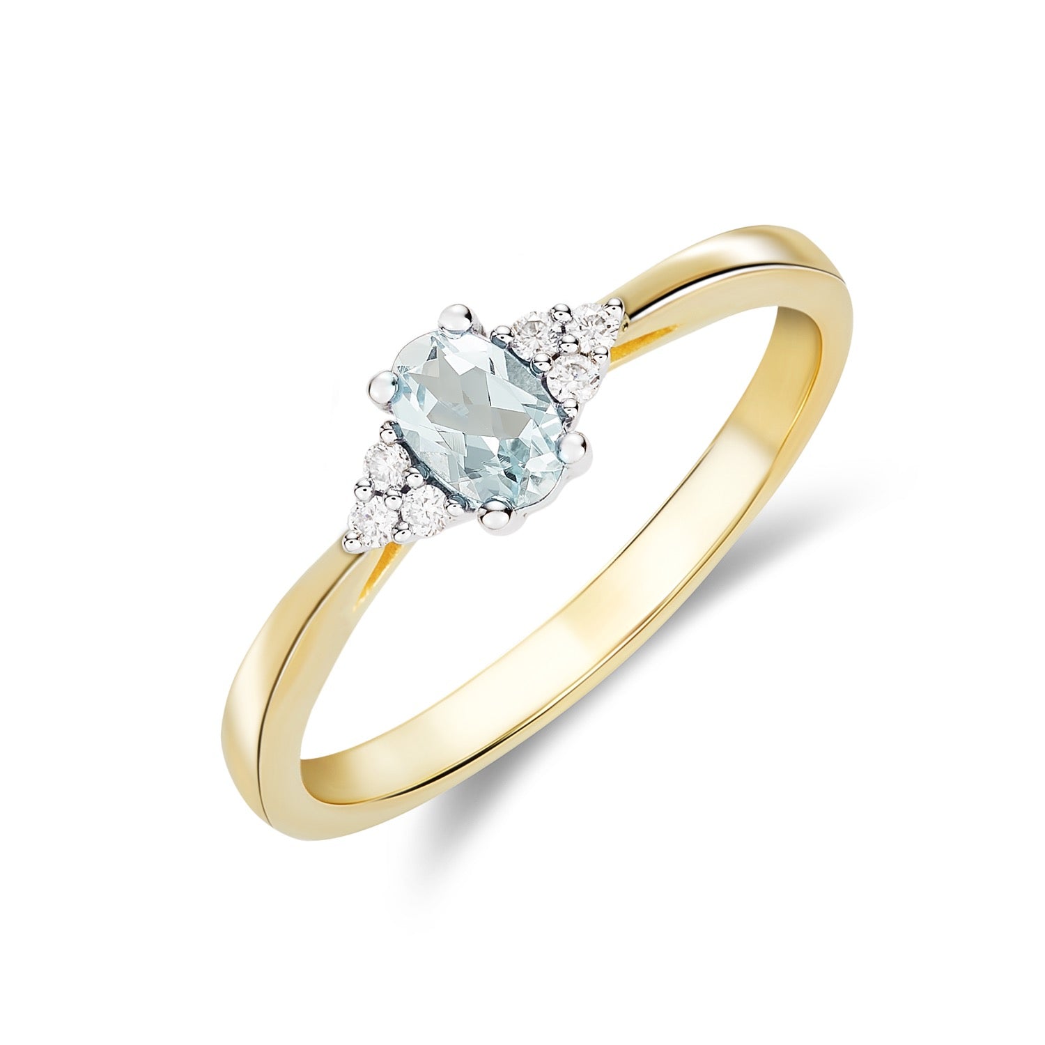 9ct Yellow Gold Oval Natural Aquamarine and Diamond Trefoil Ring — 6x4mm