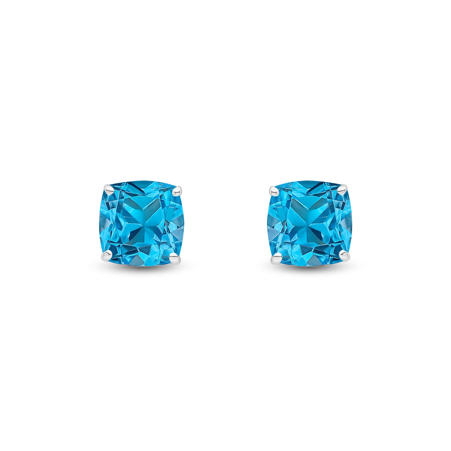 9ct White Gold Cushion Natural Swiss Blue Topaz Claw Stud Earrings