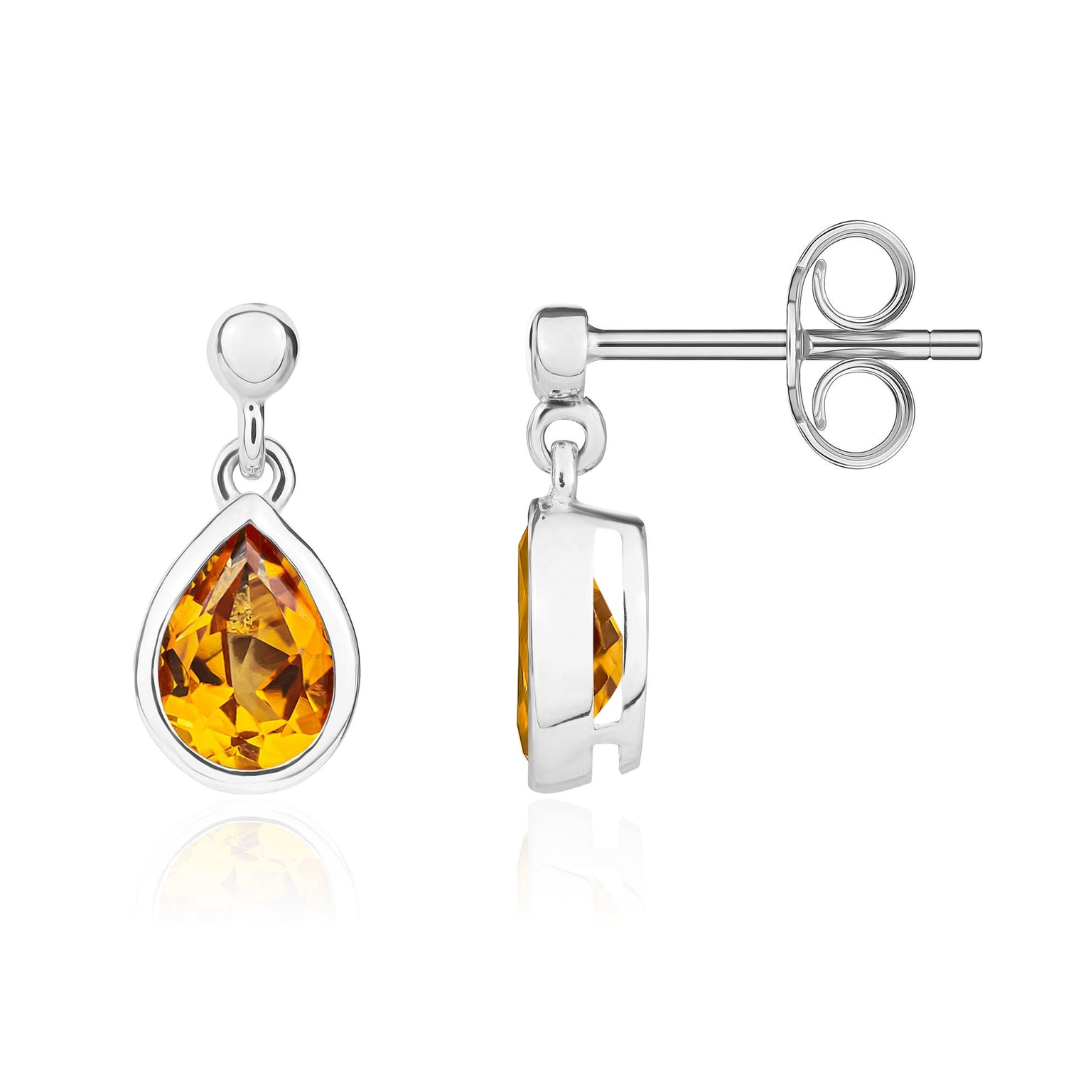 9ct White Gold Pear Shaped Natural Citrine Rubover Drop Earrings with Bead Tops — 7x5mm