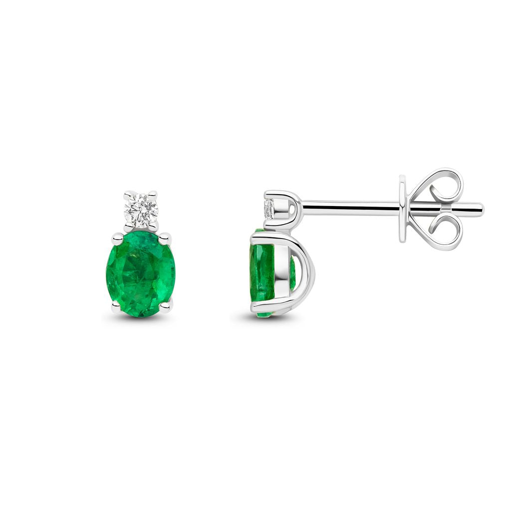18ct White Gold Oval Natural Emerald and Round Diamond Two Stone Stud Earrings — 5x4mm