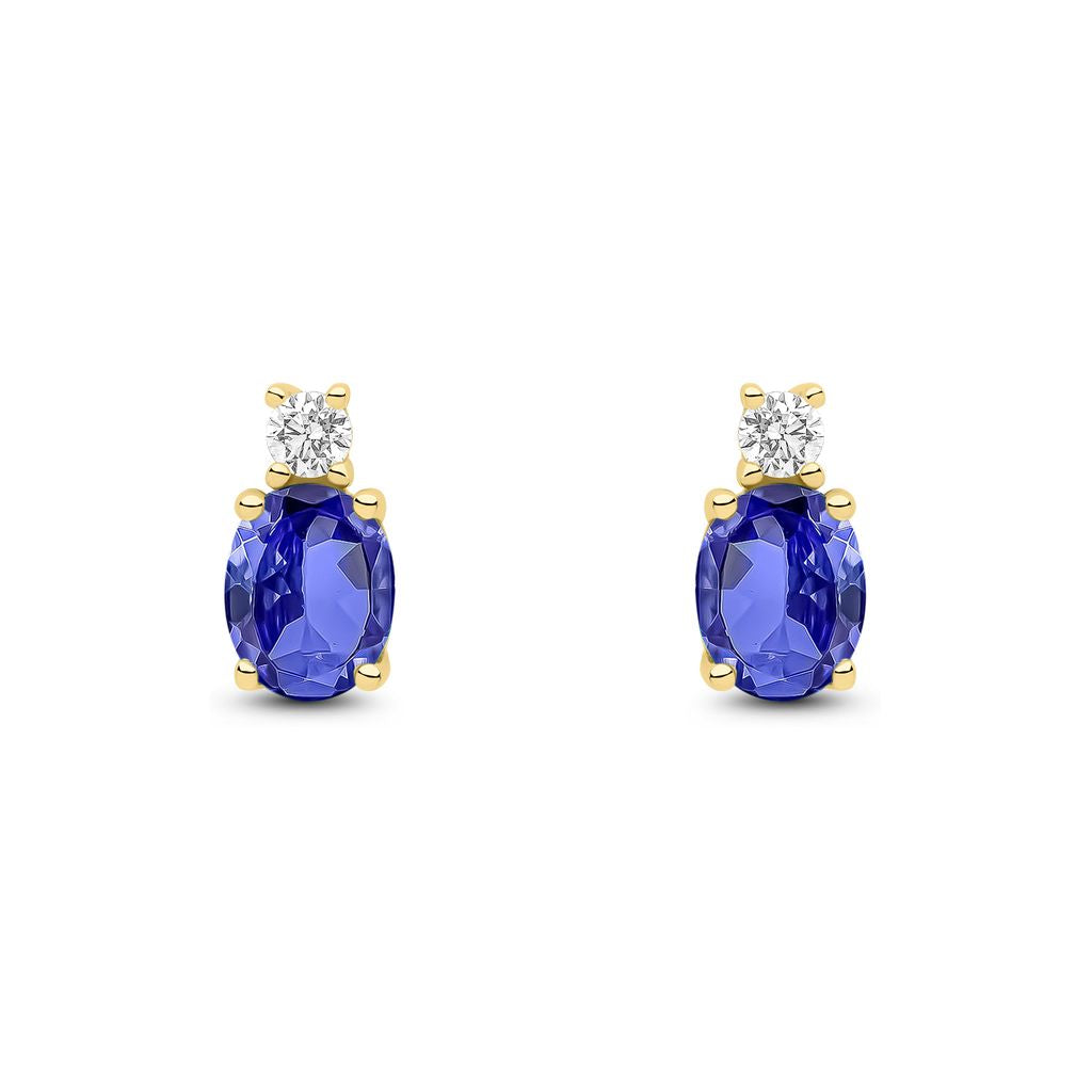 18ct Yellow Gold Oval Natural Tanzanite and Round Diamond Two Stone Stud Earrings — 5x4mm