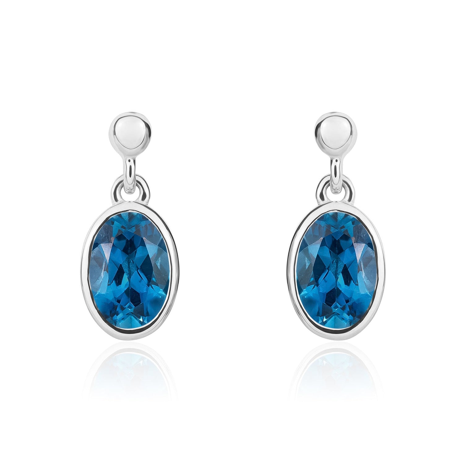 9ct White Gold Oval Natural London Blue Topaz Rubover Drop Earrings with Bead Tops — 6x4mm