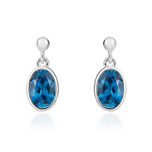 9ct White Gold Oval Natural London Blue Topaz Rubover Drop Earrings with Bead Tops — 6x4mm