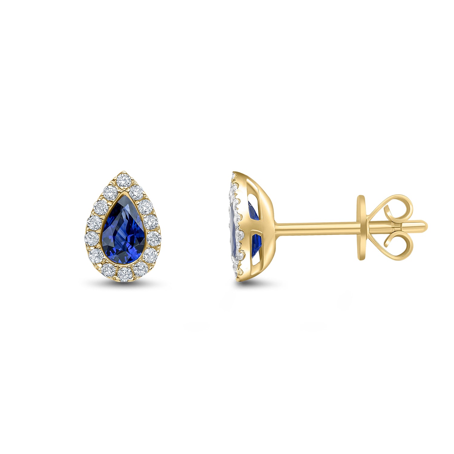 18ct Yellow Gold Pear Shaped Natural Sapphire and Diamond Cluster Stud Earrings — 5x3mm