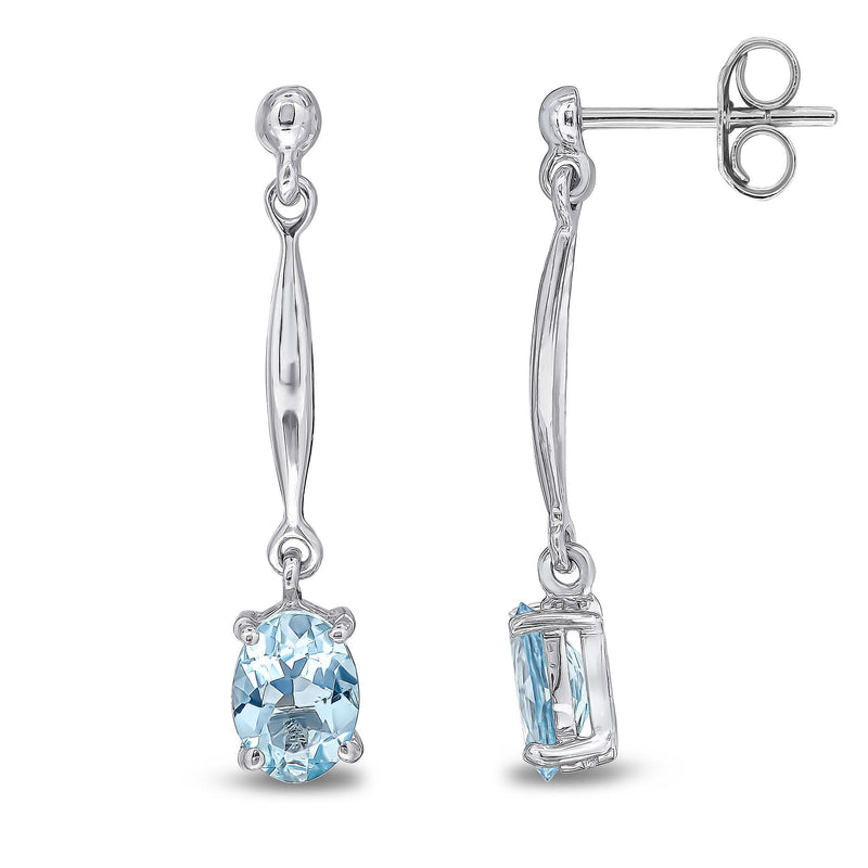 9ct White Gold Oval Natural Aquamarine Claw Bar Drop Earrings — 7x5mm