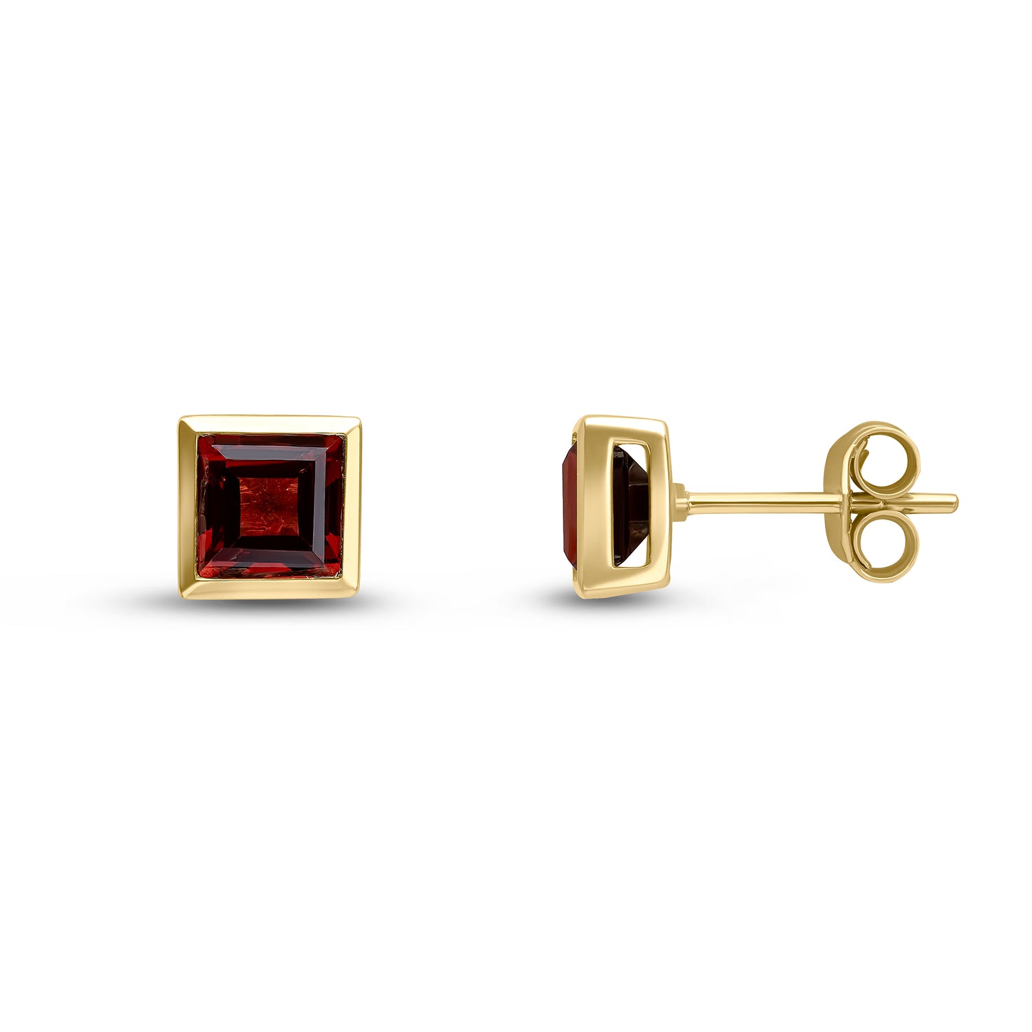 9ct Yellow Gold Square Natural Garnet Rubover Stud Earrings — 5mm