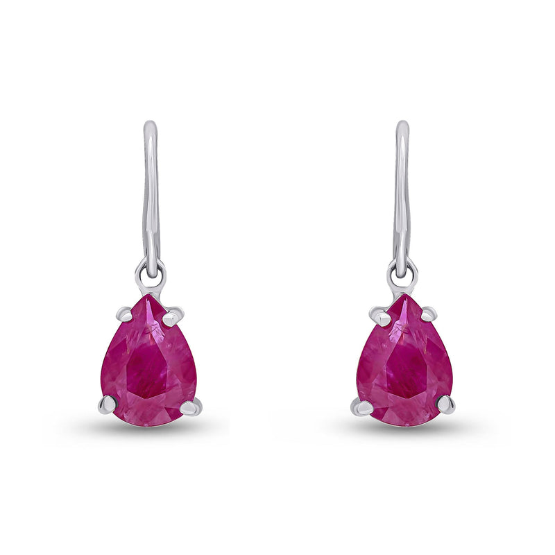 9ct White Gold Pear Shaped Natural Ruby Claw Wire Hook Drop Earrings