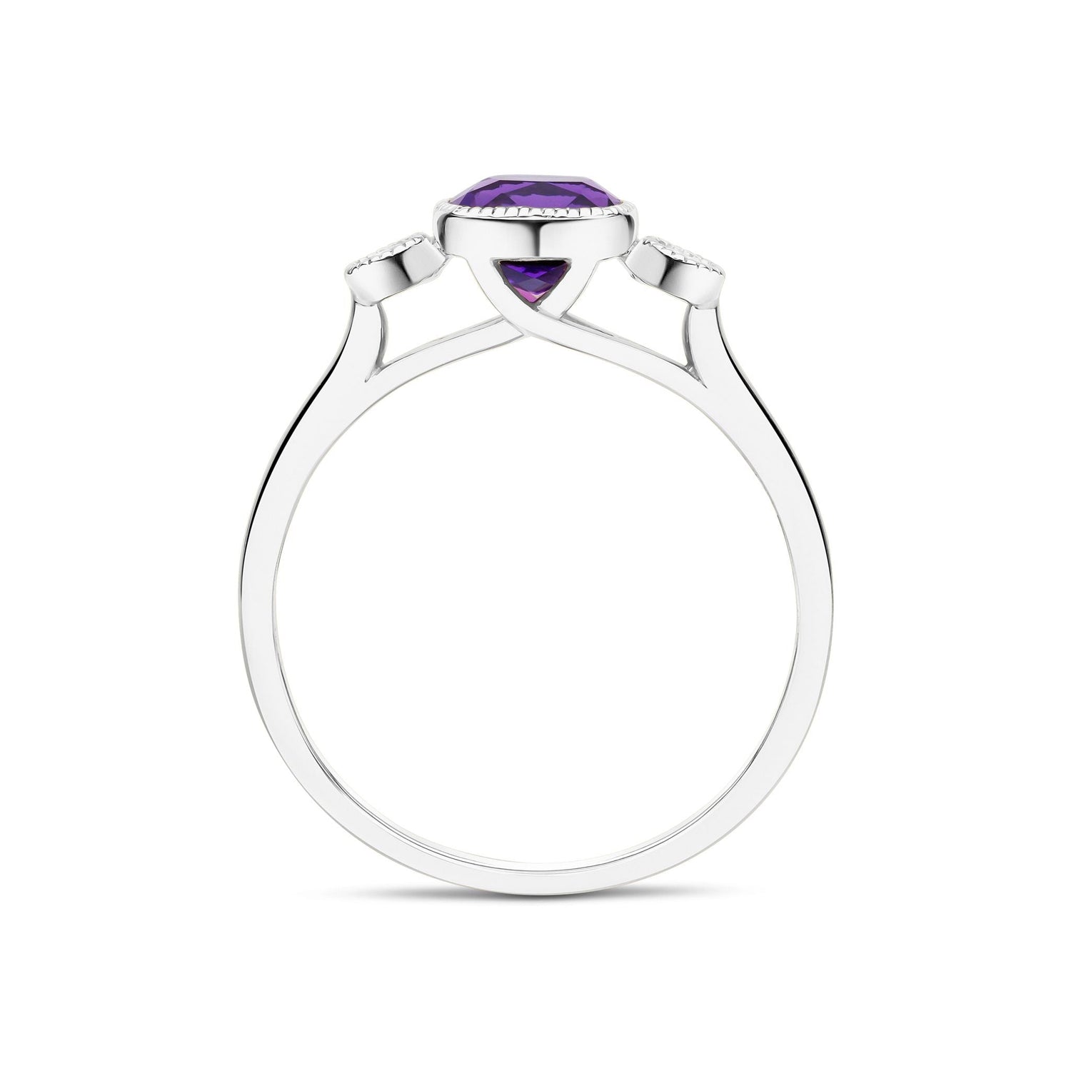 9ct White Gold Cushion Amethyst & Round Diamond Millegrain Set Three Stone Ring — 6mm