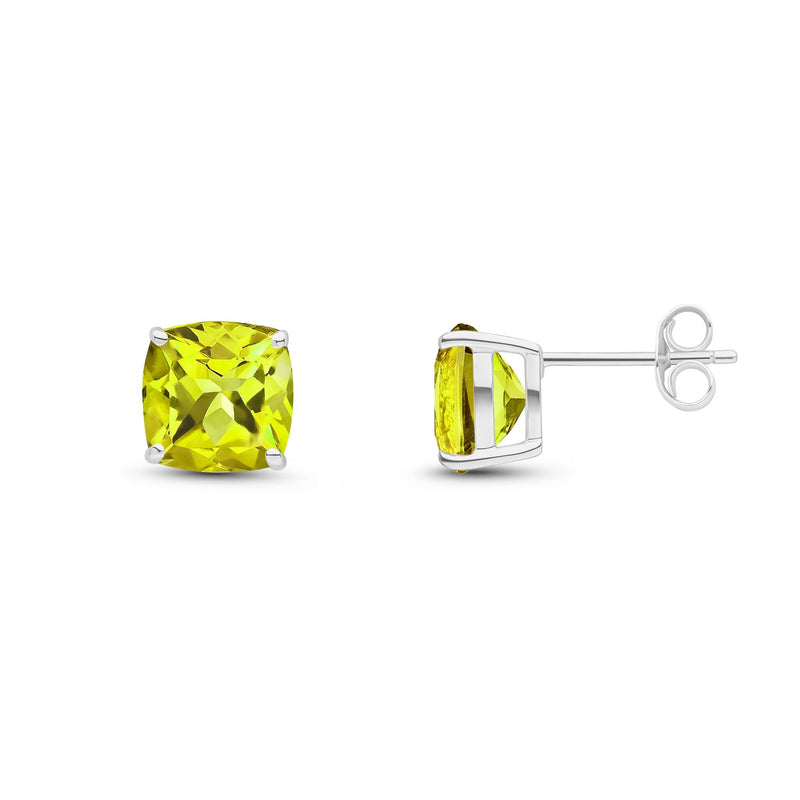 9ct White Gold Cushion Natural Peridot Claw Stud Earrings — 8mm