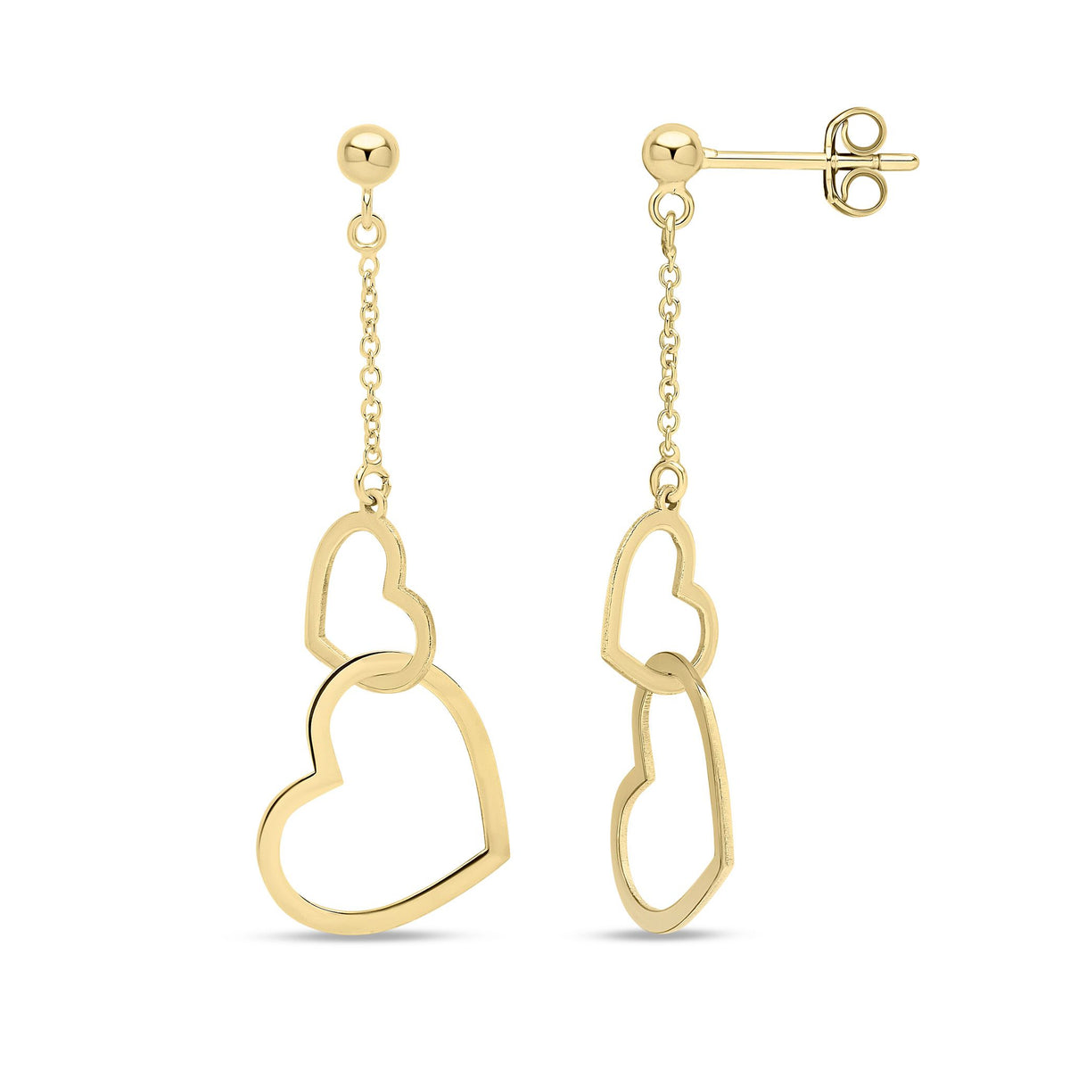 9ct Yellow Gold Double Open Heart Chain Drop Earrings