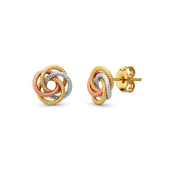 9ct Three-Tone Gold Twisted Rope Interwoven Open Knot Stud Earrings