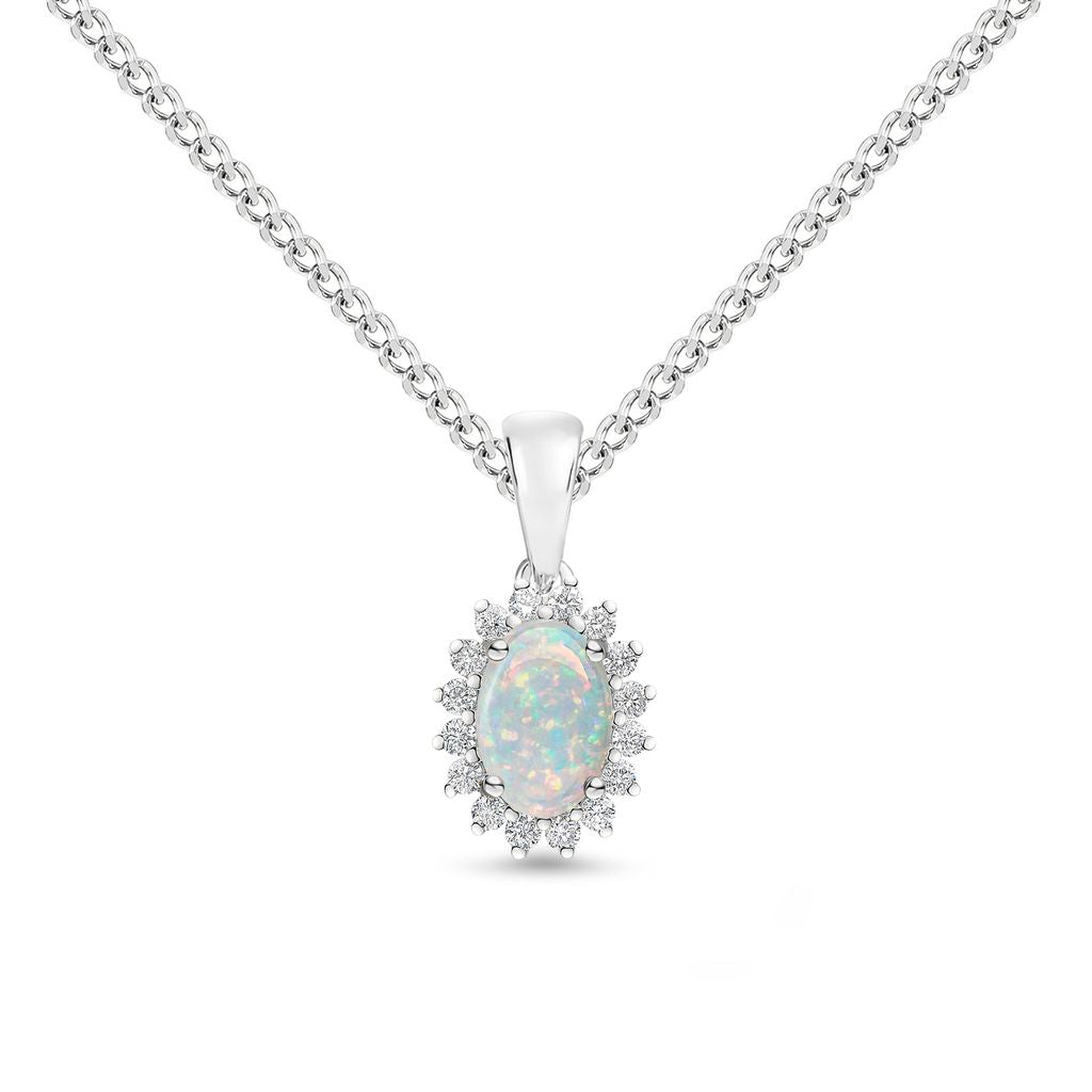 18ct White Gold Oval Natural Opal and Round Diamond Claw Set Cluster Pendant — 6x4mm