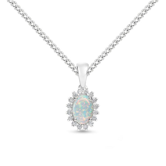 18ct White Gold Oval Natural Opal and Round Diamond Claw Set Cluster Pendant — 6x4mm