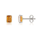 9ct White Gold Octagonal Emerald Cut Natural Citrine Rubover Stud Earrings — 7x5mm
