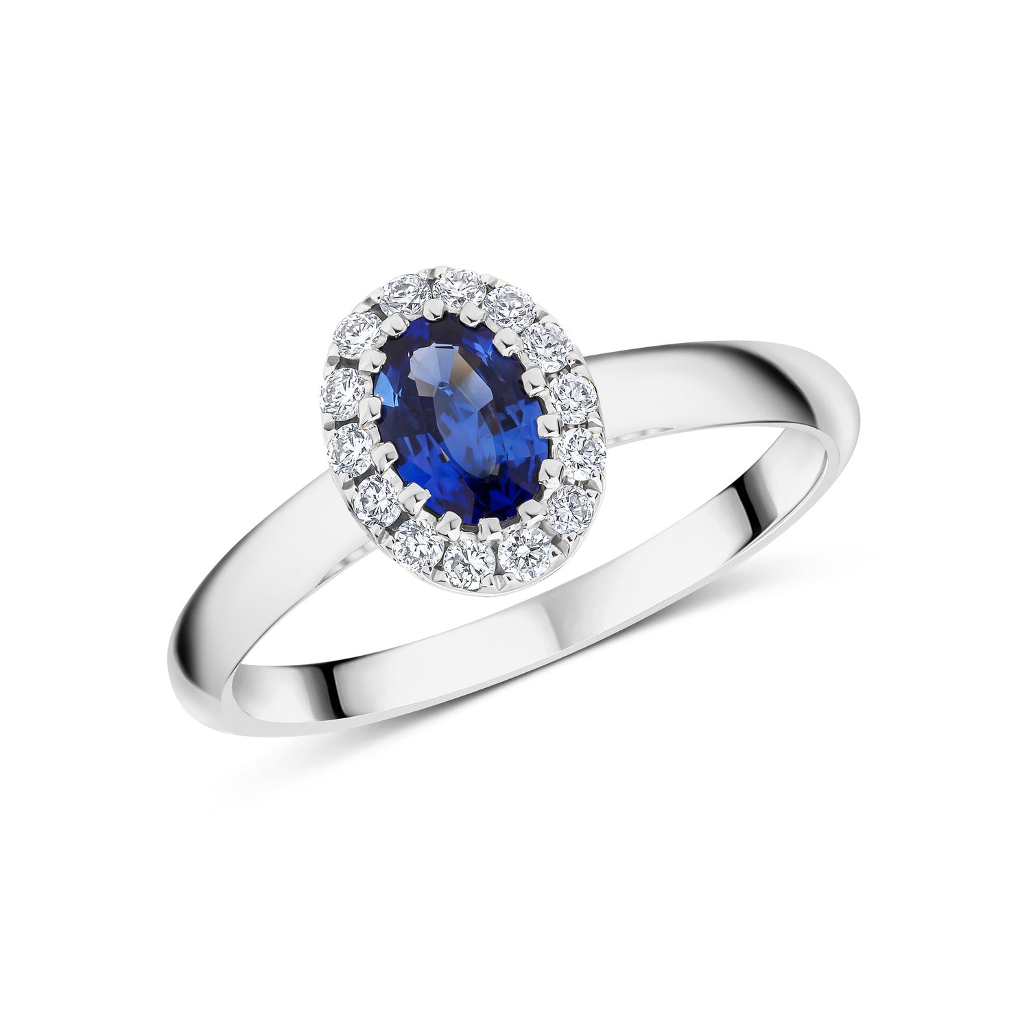 18ct White Gold Oval Natural Blue Sapphire and Round Diamond Halo Cluster Ring — 6x4mm