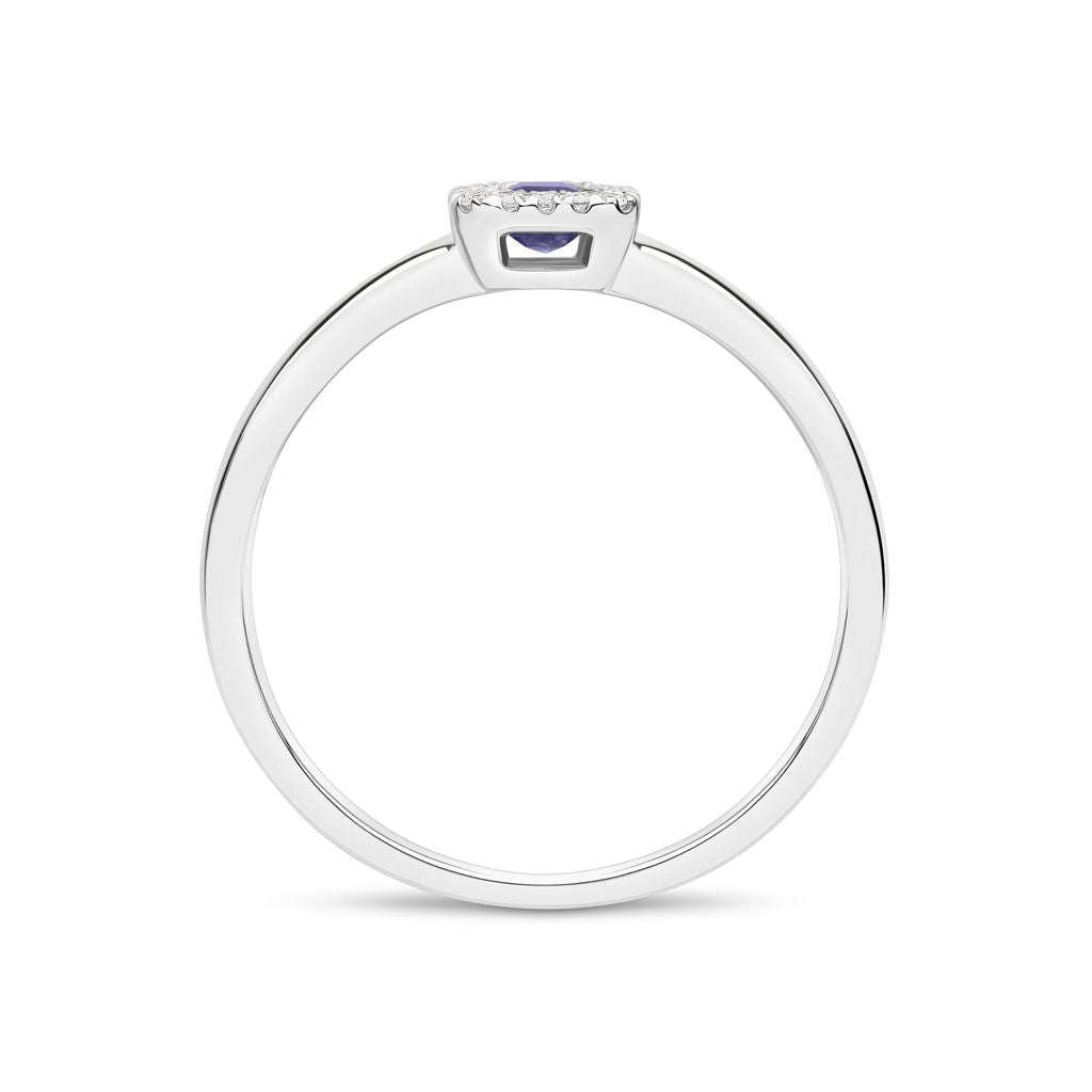 18ct White Gold Emerald Cut Tanzanite and Diamond Microset Cluster Ring — 5x3mm