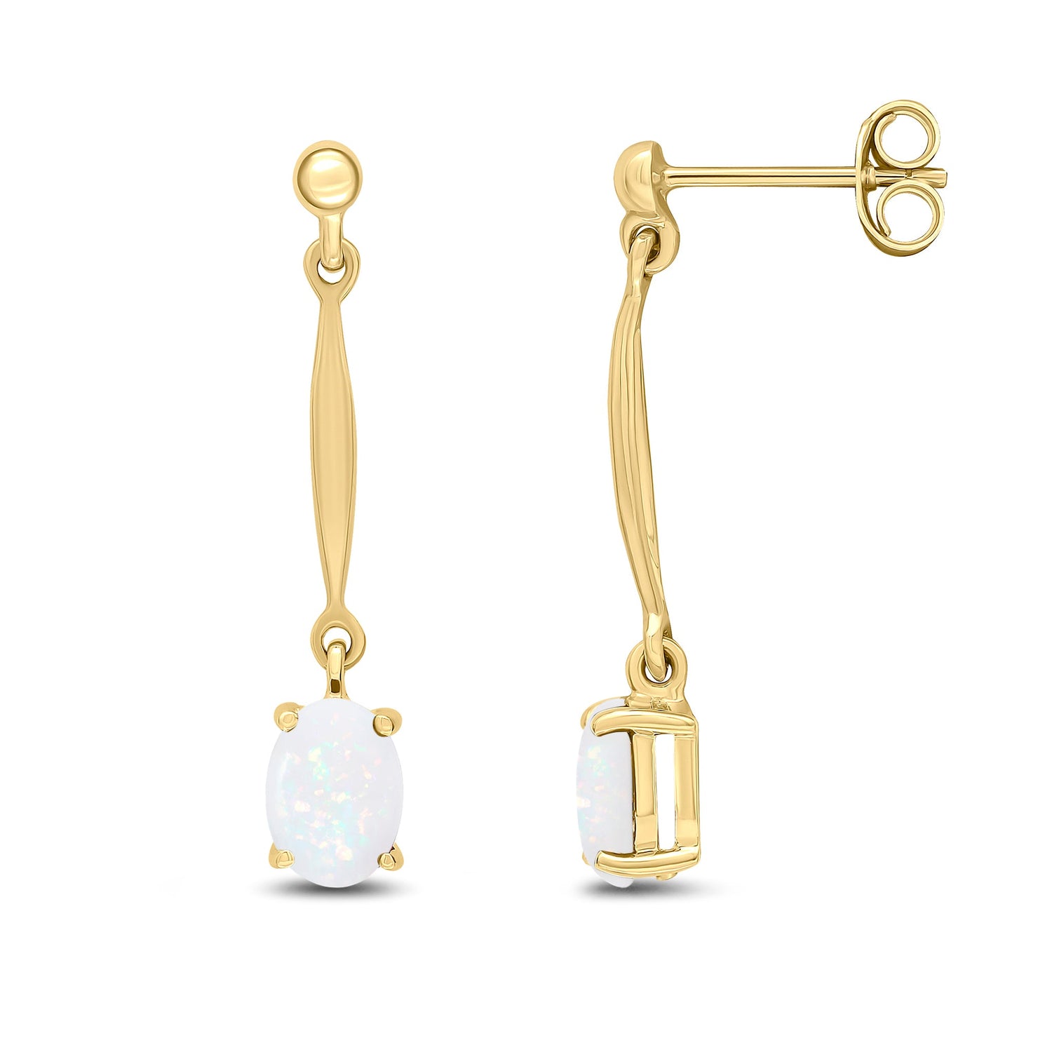 9ct Yellow Gold Oval Natural Opal Claw Bar Drop Earrings with Bead Tops — 7x5mm