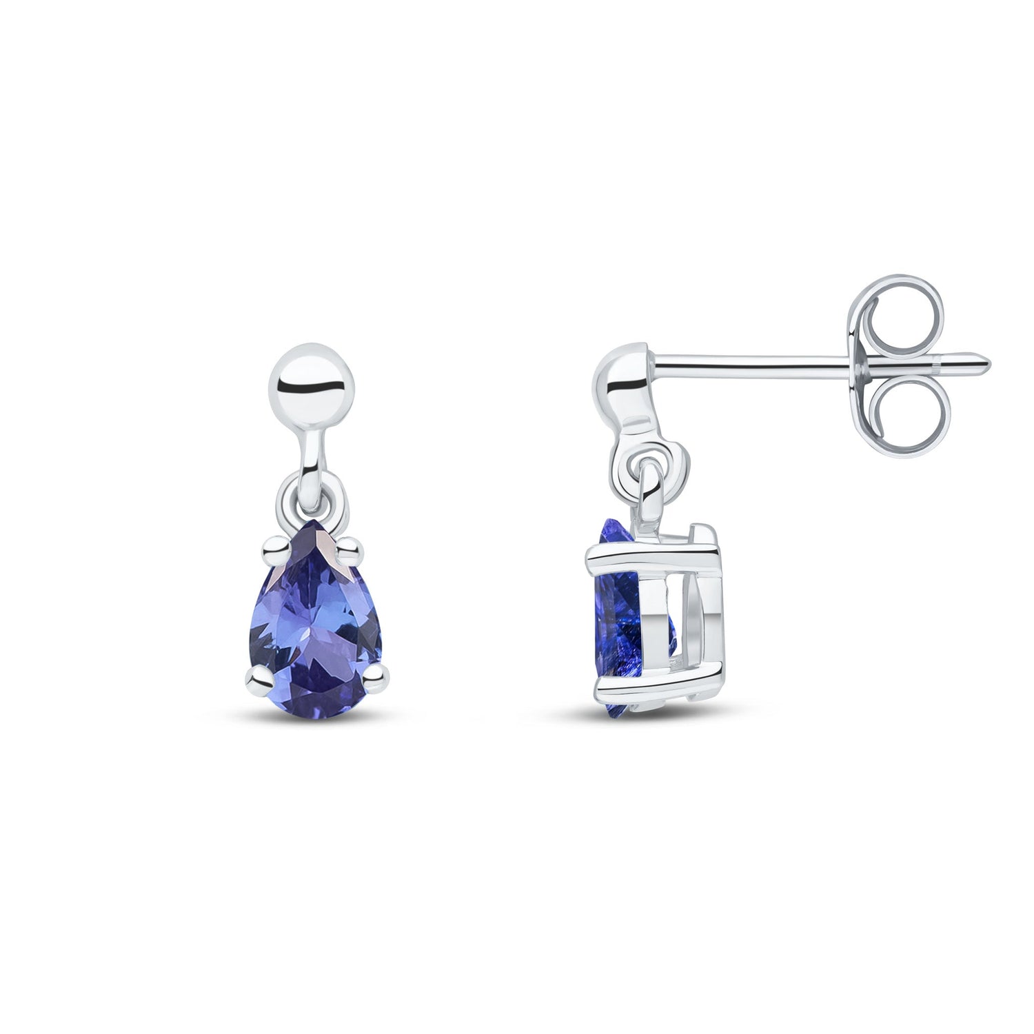 9ct White Gold Pear Shaped Natural Tanzanite Claw Drop Earrings with Bead Tops — 6x4mm
