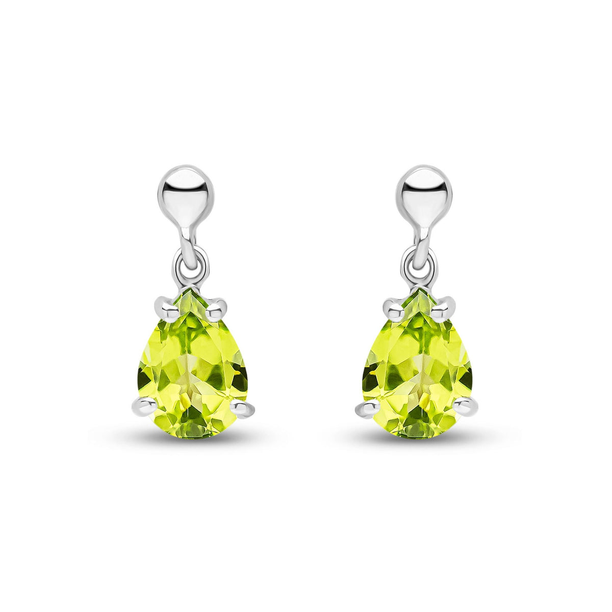 9ct White Gold Pear Shaped Natural Peridot Claw Drop Earrings — 7x5mm