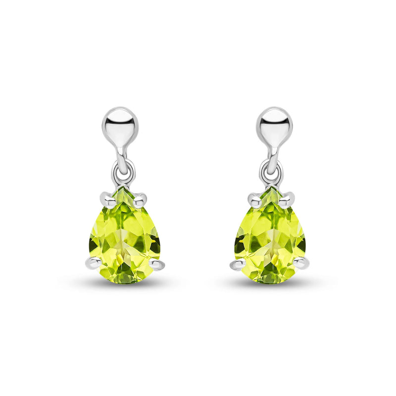 9ct White Gold Pear Shaped Natural Peridot Claw Drop Earrings — 7x5mm